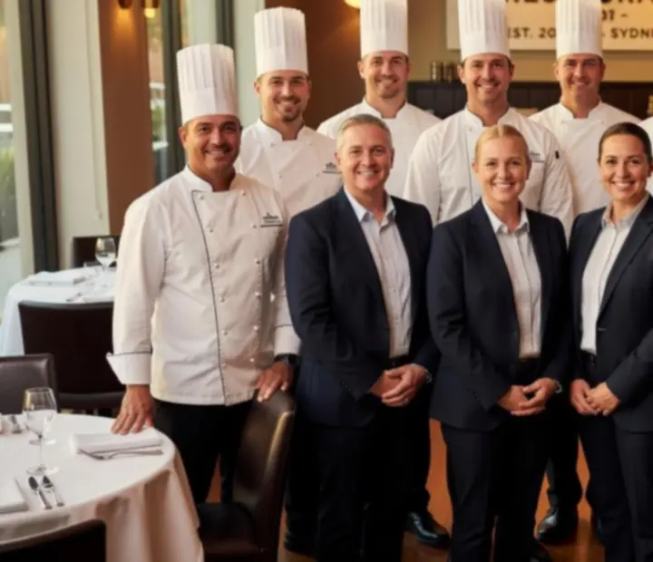Hospitality and culinary team in an Australian restaurant discussing service