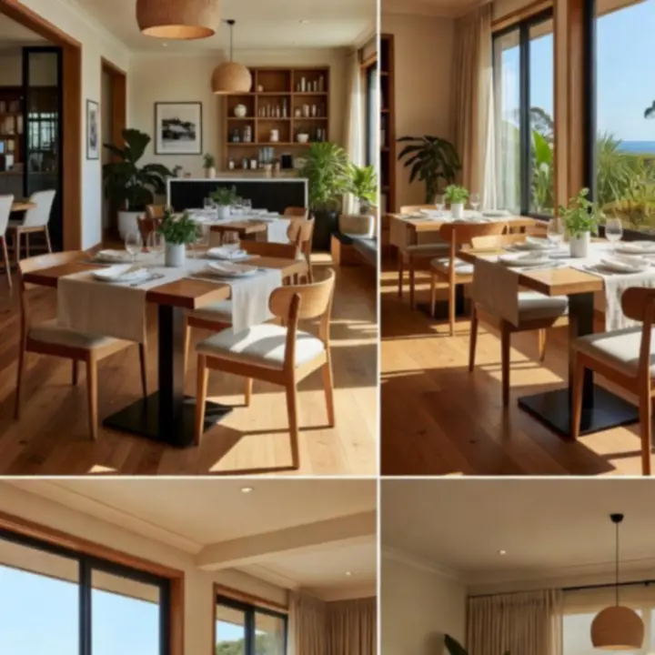 Bright coastal Australian restaurant interior with linen-covered tables and greenery