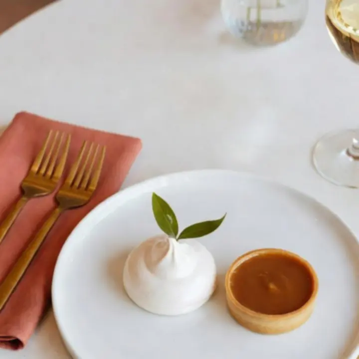 Modern plated dessert in a bright Australian restaurant