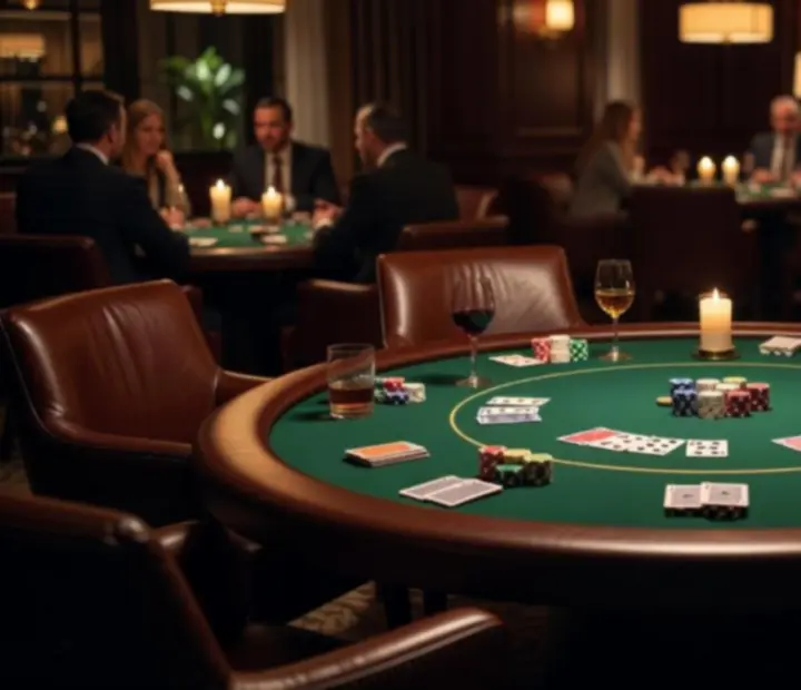 Elegant poker table setup with cards, chips and glassware in a restaurant setting