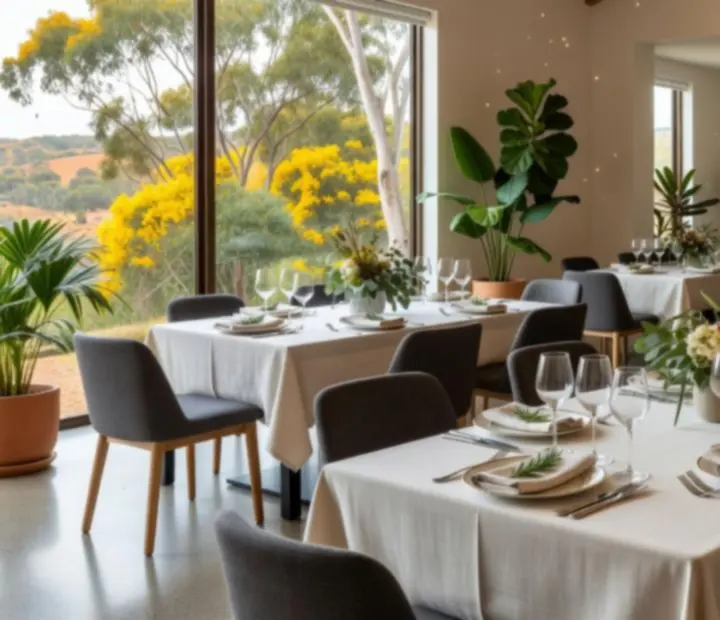 Light-filled Australian restaurant set for a private dinner event with linen tables and soft coastal tones