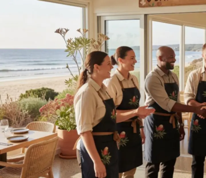 Friendly Rivercall Roast team member greeting guests at the entrance of the restaurant
