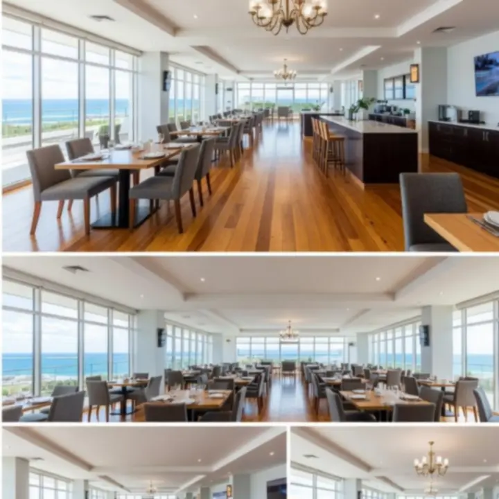 Full venue hire with long tables and coastal-inspired decor ready for a large event