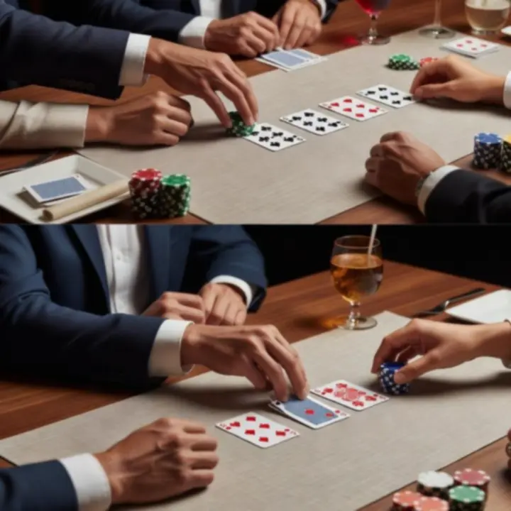 Elegant poker table set with cards, chips and glassware at Rivercall Roast