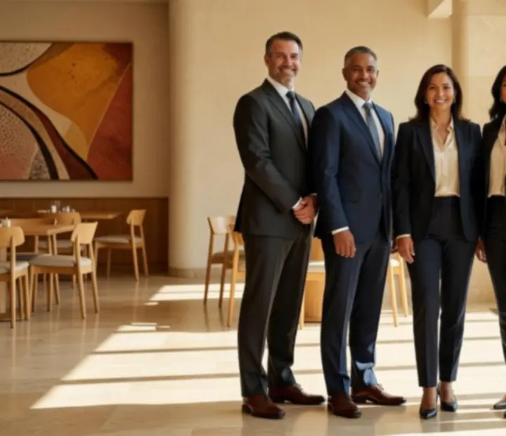 Rivercall Roast leadership team standing together in a bright Australian restaurant interior