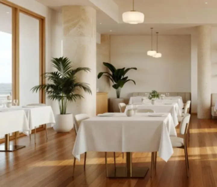 Bright Australian restaurant interior with linen-dressed tables and coastal light at Rivercall Roast
