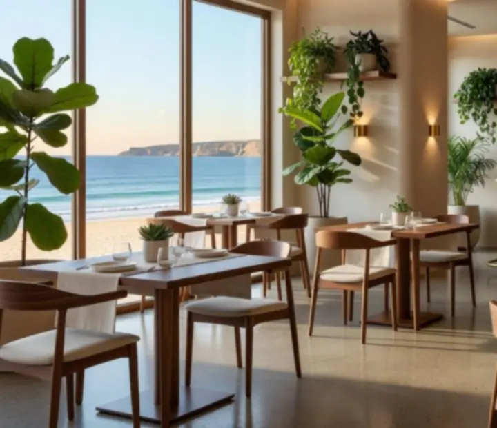 Light-filled Australian restaurant interior at Rivercall Roast with linen-draped tables and greenery