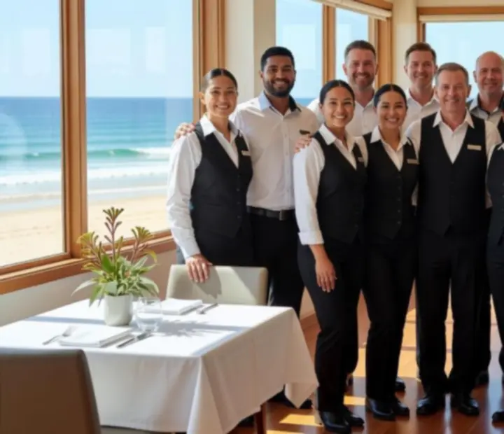 Rivercall Roast team preparing the dining room in a bright Australian restaurant interior