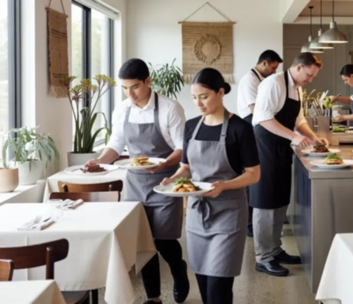 Restaurant team serving guests in a bright Australian dining room at Rivercall Roast