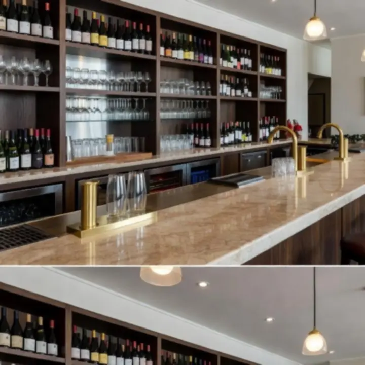 Curated wine selection on a coastal bar counter